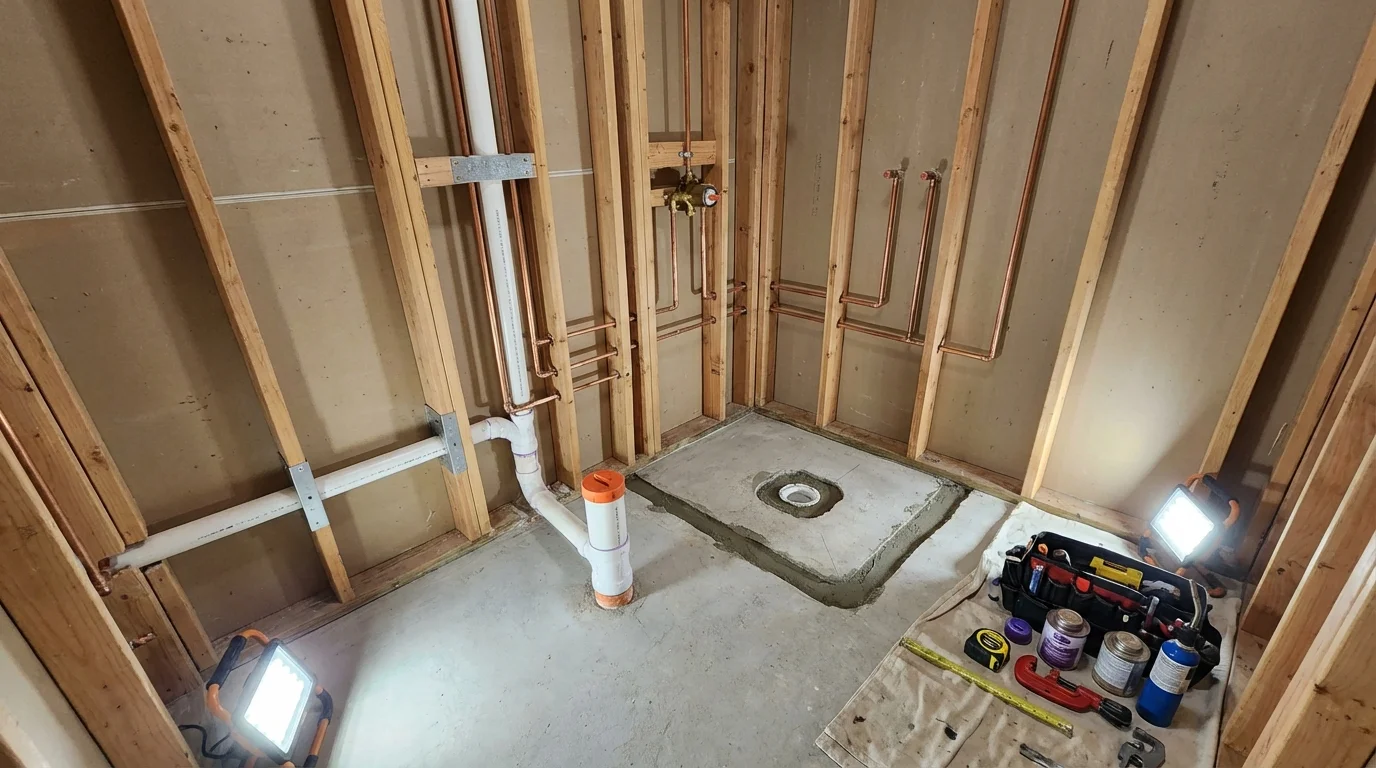 Bathroom rough-in plumbing during remodel by Johns Plumbing LLC in Syracuse