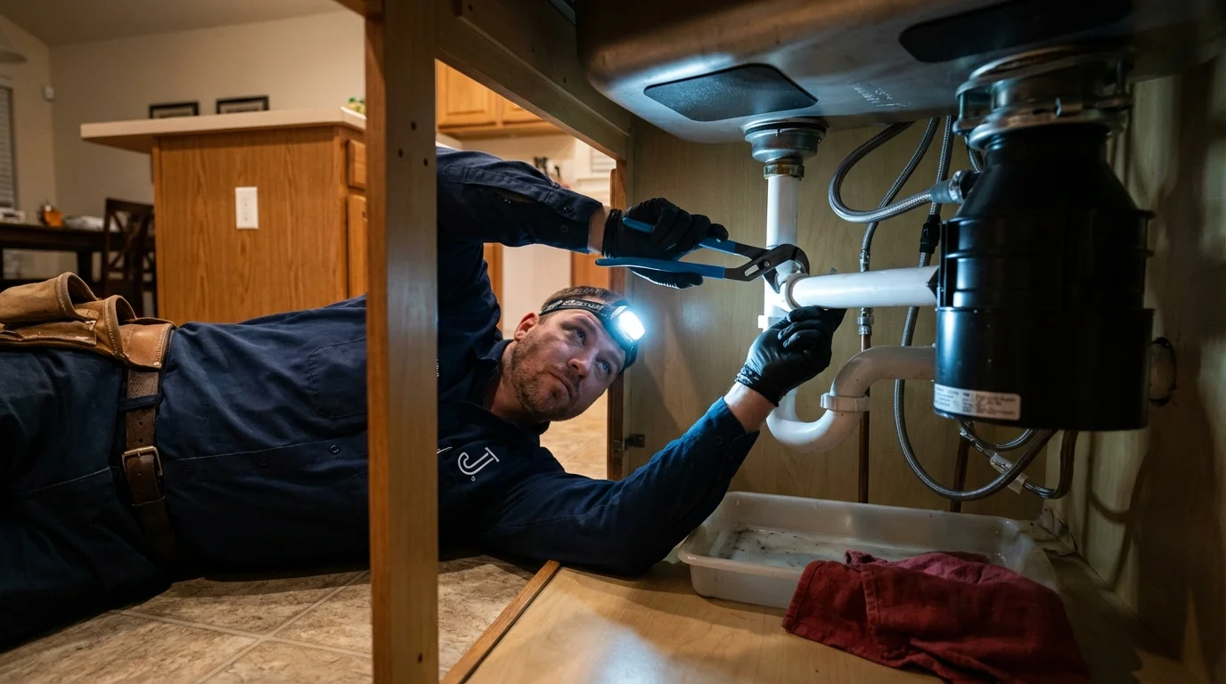 P-trap and supply line connections under a kitchen sink showing a common leak point in Syracuse, UT